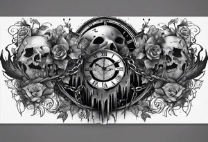 tattoo fool sleeve, tree roots break out of the chains at the bottom of the hand, Symbolizing loss, an image of a broken mask, Clock with flying numbers, girl, skull, roses tattoo idea