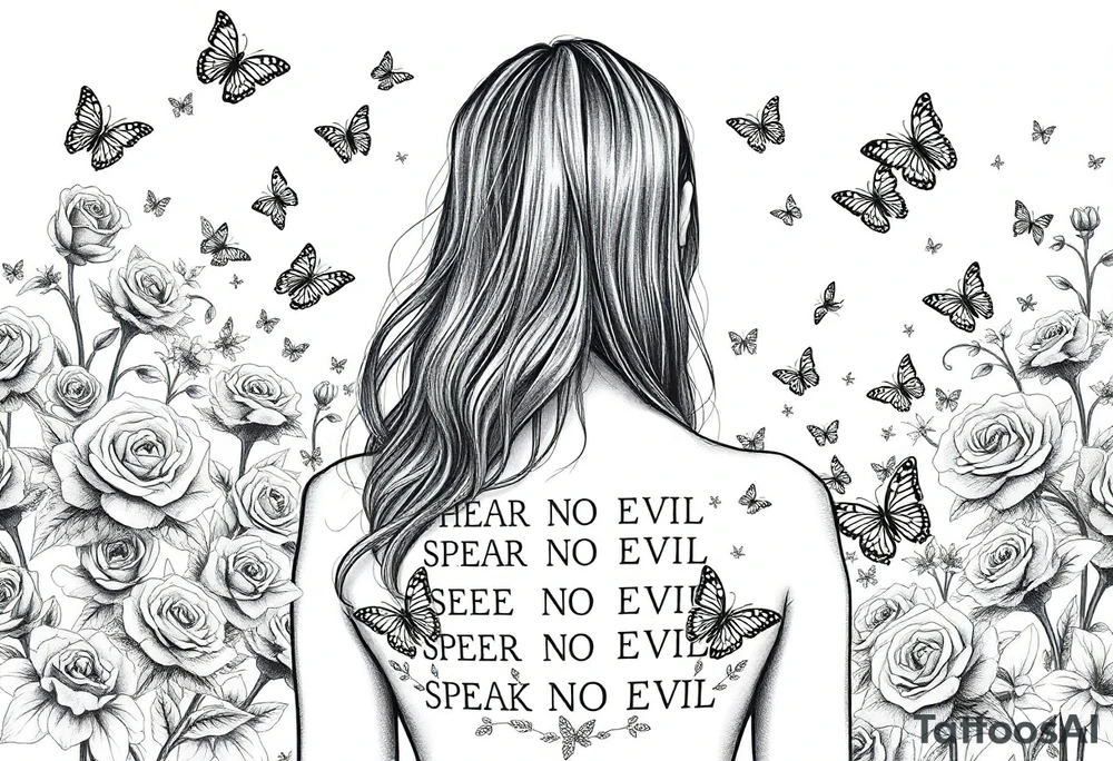 A women with long flowing hair facing foward i. A garden full 9f beautiful roses and flowers that are surrounded by medium butterflies small butterflys and even smaller butterflies that is telling us HEAR NO EVIL SEE NO EVIL SPEAK NO EVIL tattoo idea