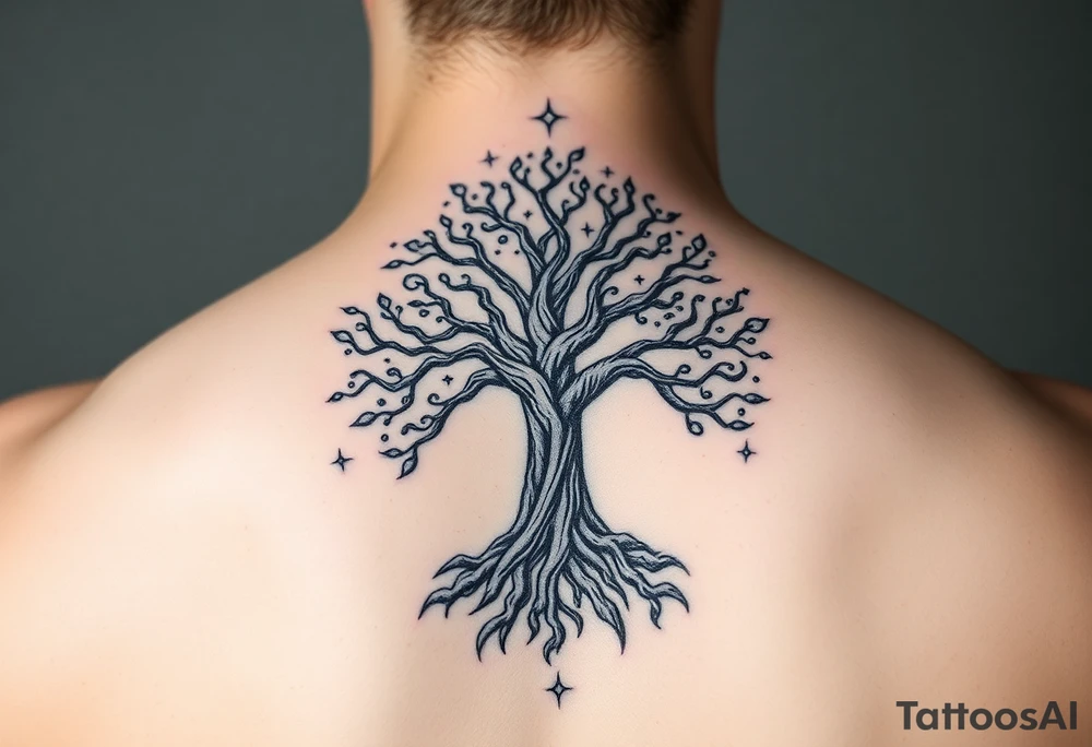 mystical tree of life with cosmic roots and celestial branches tattoo idea
