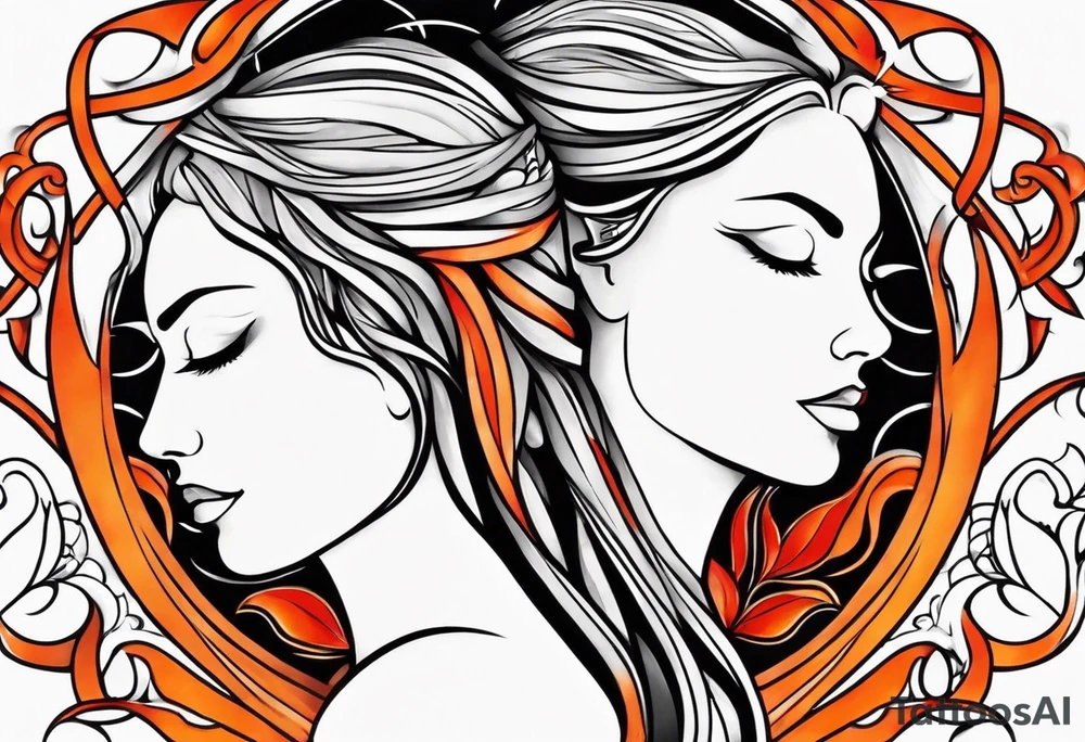 Twin flame symbol and fire. Make it small and minimalistic. Straight clean line border around the flame. Everything else black and white minus the twin flame fire. Flame is blue intertwined with orange/red. tattoo idea