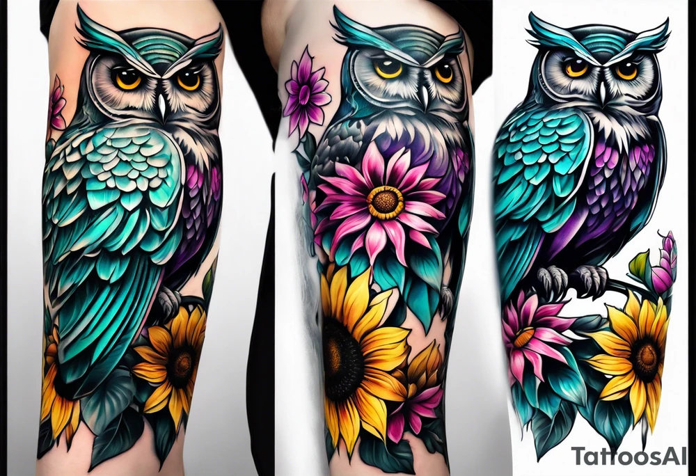 Leg Sleeve with black and white owl that's lightly shaded teal, pink and purple and yellow sunflowers tattoo idea