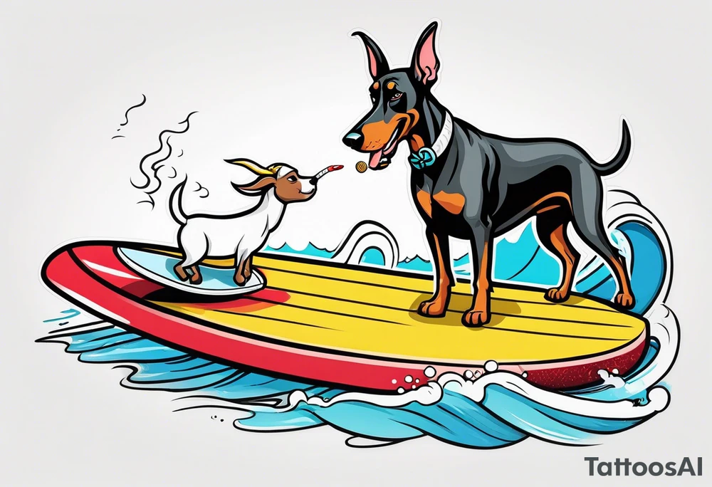 doberman smoking a cigar on a surfboard with a goat with larger horns tattoo idea