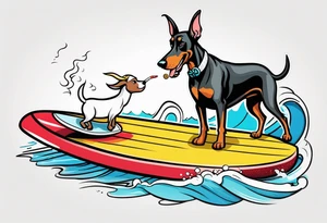 doberman smoking a cigar on a surfboard with a goat with larger horns tattoo idea