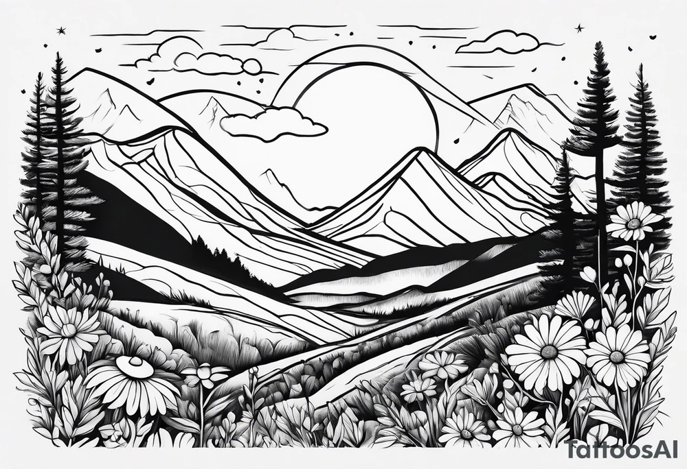 hills, wildflowers, sunshine, no trees, small on forearm, fine lines tattoo idea