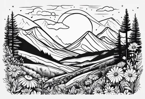 hills, wildflowers, sunshine, no trees,  small on forearm, fine lines tattoo idea
