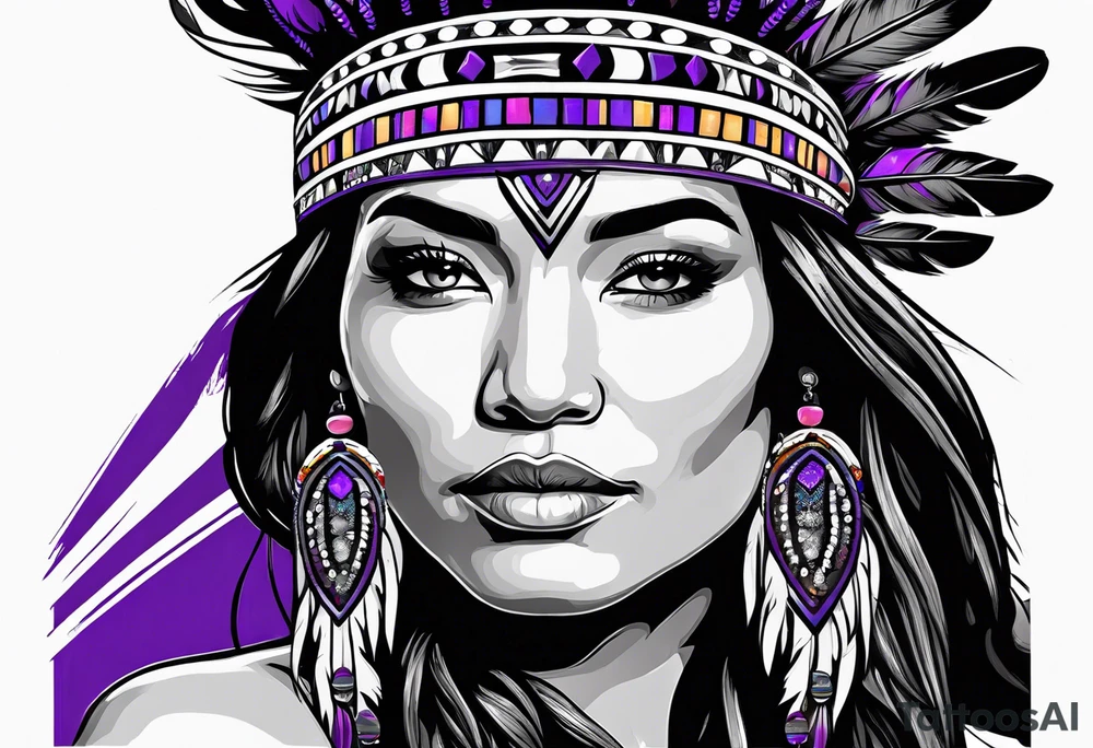 native american woman wearing bead headband with magical purple buffalo tattoo idea