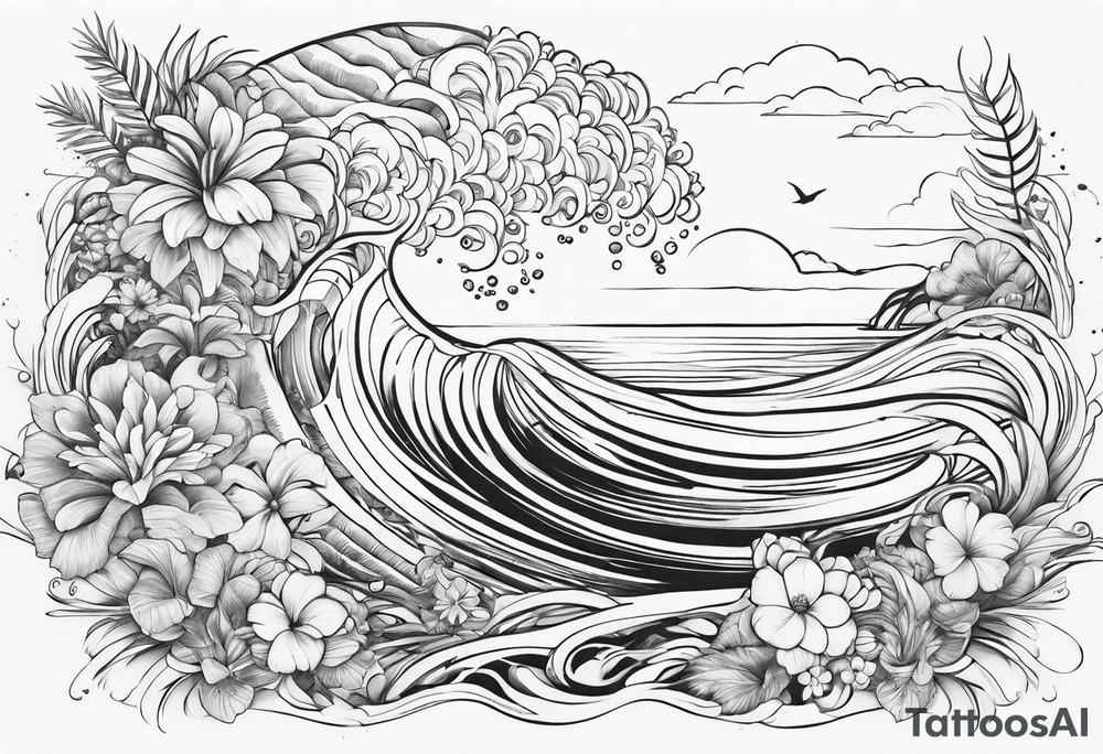 wave,, flower, palm, sea animal tattoo idea