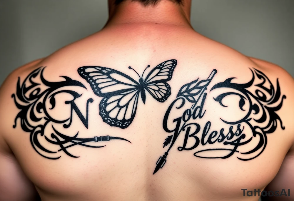 The words No Rush with a monarch butterfly in the same tatto with the words God Bless with a fishing pole. Tattoo is masculine for the upper arm. More artistic tattoo idea