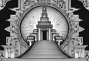 Valhalla sword shield axe 
stairs mist tattoo idea