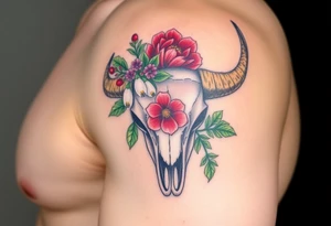 Buffalo or bison skull with flowers. Snow drop and red peony. Green holly with red berries, purple larkspur, red peony.  Colour. For upper arm or shoulder. Masculin. tattoo idea