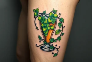 A hop vine wrapping around a pint glass, with delicate tendrils and leaves in vibrant green shades tattoo idea