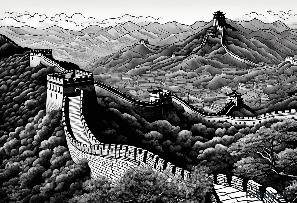 Great Chinese wall, realistic, art, gezeichnet, fine line, black and grey tattoo idea