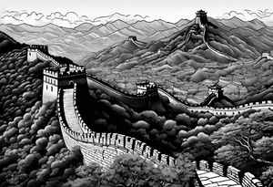 Great Chinese wall, realistic, art, gezeichnet, fine line, black and grey tattoo idea