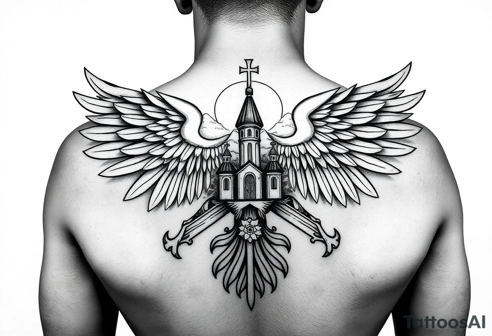 an actual russian coat of arms with the eagles wings spanning out on my back neck across my shoulders / traps with a orthodox christian church being visible in a mountainous sun beaming setting, with the russian orthodox cross spire of the orthodox church being visible on my neck with a sun beaming in the background that the cross sits inside tattoo idea