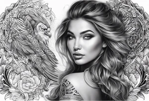 Naga kobieta z odkrytymi piersiami, anielskie skrzydła pali papierosa, tattoo idea