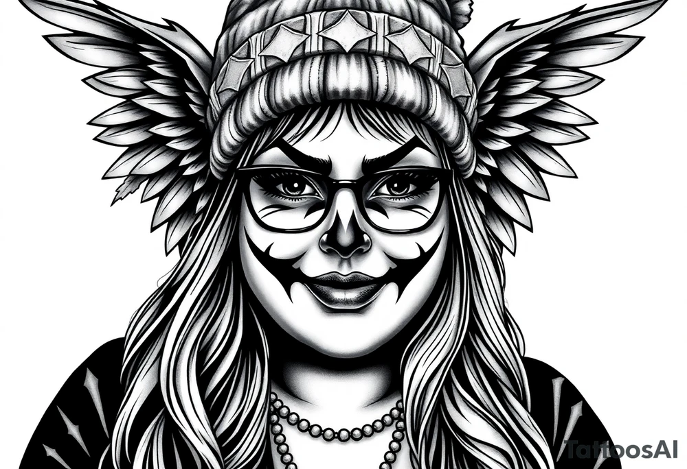 Chicana BBL fat sexy chunky plus size beautiful long hair clown makeup angel wings thug beanie eyeglasses tattoo idea