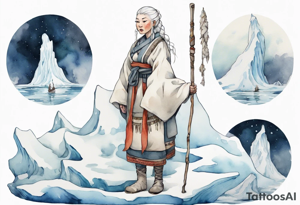 a Sami woman with white hair and a white robe holding a long ivory bowstaff, standing on an iceberg tattoo idea