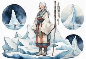 a Sami woman with white hair and a white robe holding a long ivory bowstaff, standing on an iceberg tattoo idea