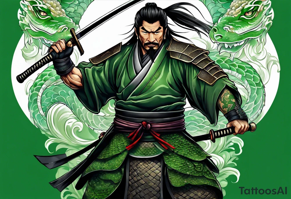Ronin with drawn Katana in front of green dragon scale background tattoo idea