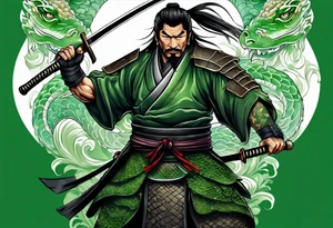 Ronin with drawn Katana in front of green dragon scale background tattoo idea
