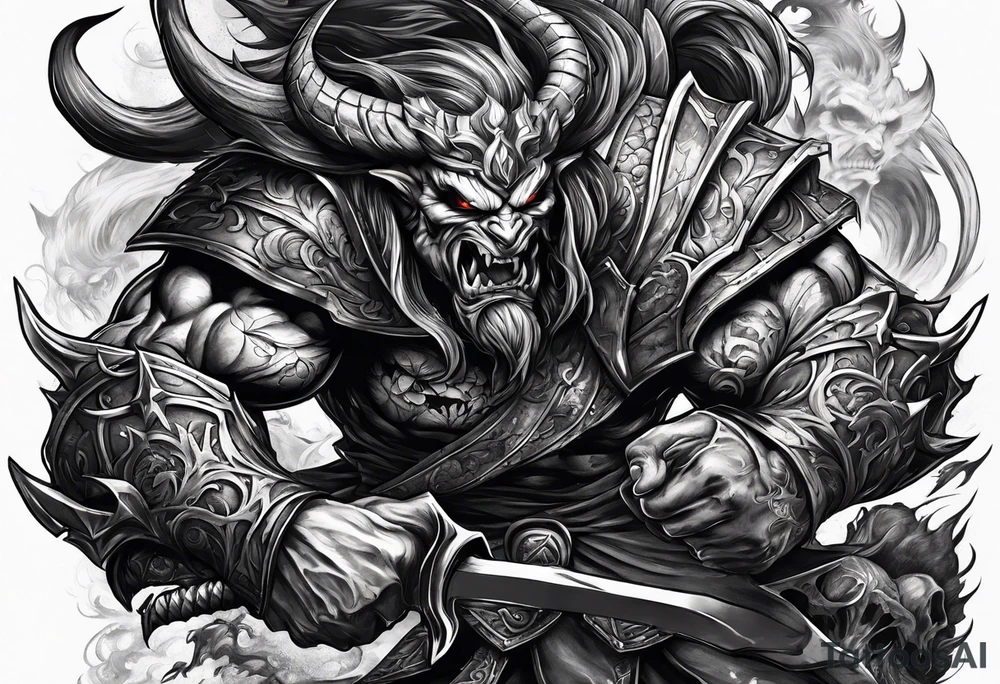 male fighting a demon in a battle field of skulls tattoo idea