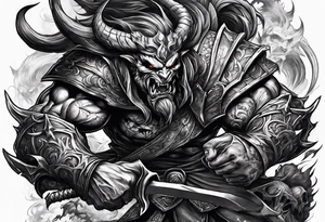 male fighting a demon in a battle field of skulls tattoo idea