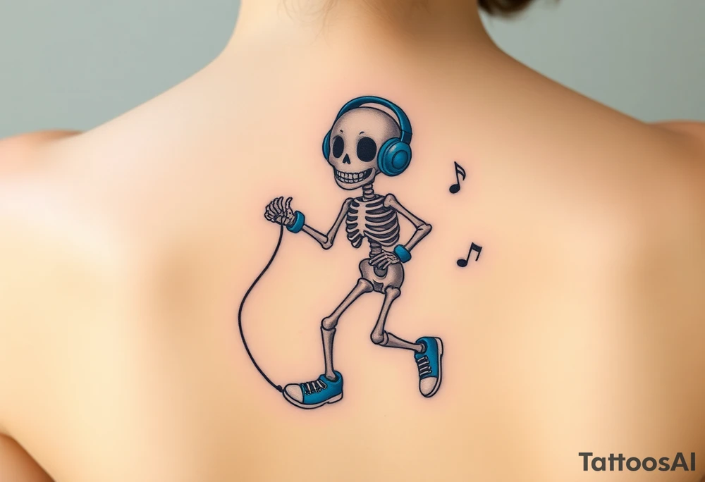 Cute smiling skeleton jumping on a jump rope with blue headphone and blue tennis shoes and blue armbands with nice  music notes tattoo idea