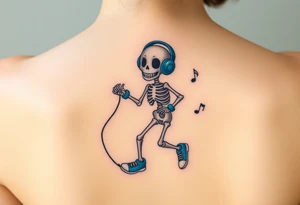 Cute smiling skeleton jumping on a jump rope with blue headphone and blue tennis shoes and blue armbands with nice  music notes tattoo idea