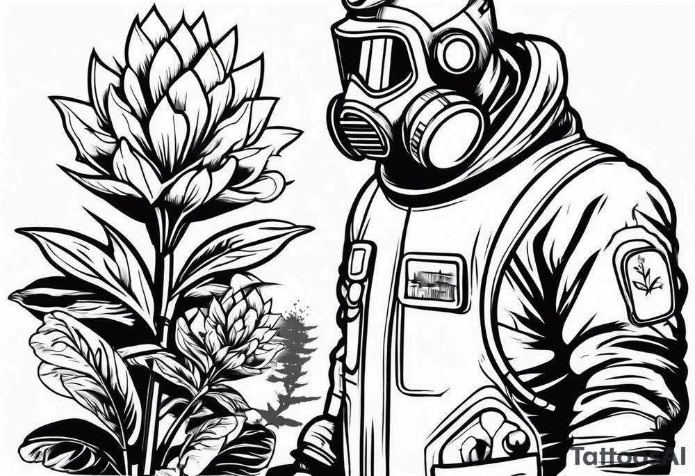 chernobyl radiation suit with cleaning tank spraying a plant tattoo idea