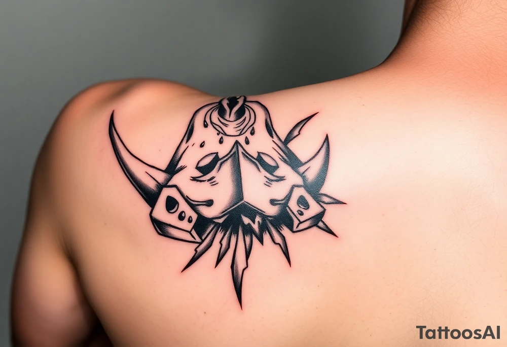 3D rhino half head pertruding thru left calf with jagged boarder appearing to be ripping thru my skin tattoo idea