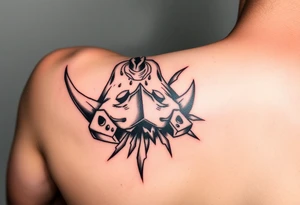3D rhino half head pertruding thru left calf with jagged boarder appearing to be ripping thru my skin tattoo idea