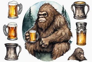 a medieval sasquatch wearing a tunic and drinking from a pewter mug of beer tattoo idea