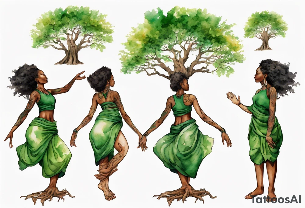 a tree trunk with roots that is a black woman from the waist up, feet made of tree roots, wearing a green tunic, arms stretched upwards towards the blazing sun tattoo idea