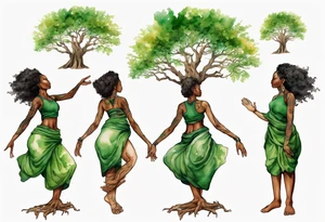 a tree trunk with roots that is a black woman from the waist up, feet made of tree roots, wearing a green tunic, arms stretched upwards towards the blazing sun tattoo idea