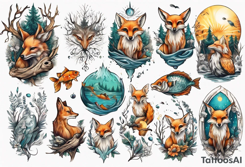 sonne, eule  wald, fuchs 
baum, sapere aude, Wasser, fisch tattoo idea