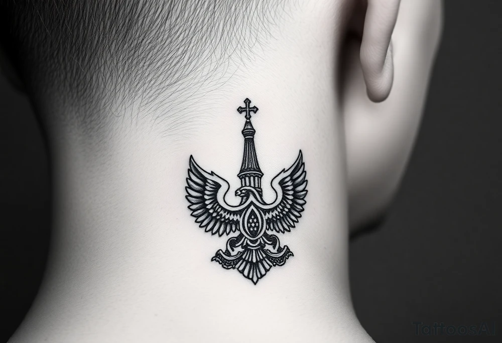 St. George, 3 russian imperial crowns above the Russian coat of arms double eagle and sitting above its wingspan sitting just above Kremlin or St. Basil's Cathedral scene  on the side of my neck tattoo idea
