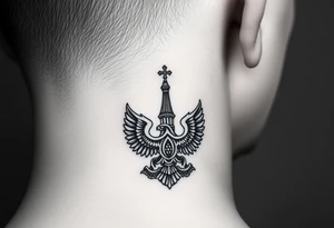 St. George, 3 russian imperial crowns above the Russian coat of arms double eagle and sitting above its wingspan sitting just above Kremlin or St. Basil's Cathedral scene  on the side of my neck tattoo idea