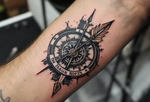 steampunk half compass half clock with a long native American arrow pointing at my wrist with the words “True North” and says "Isaiah 40:31" tattoo idea