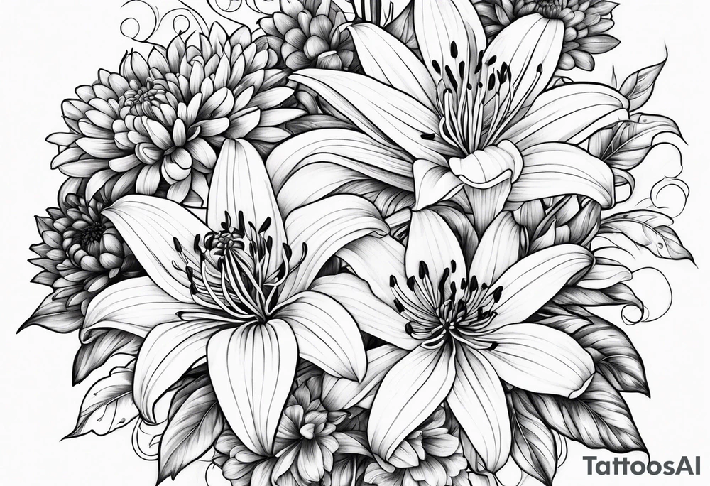 Lillies and chrysanthemums tattoo idea
