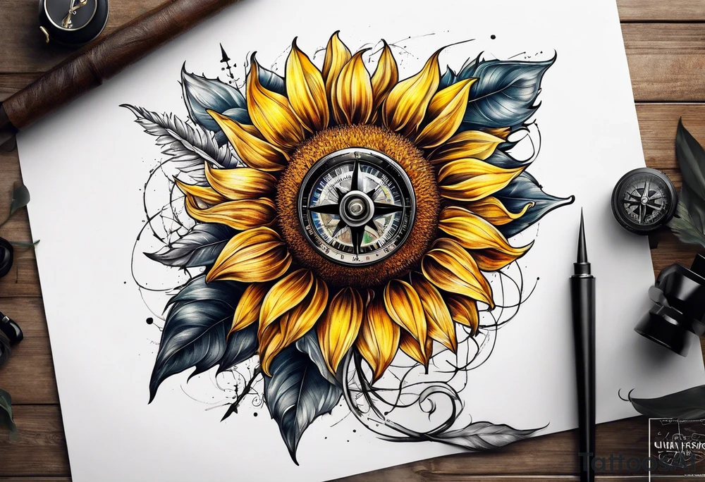 Sunflower next to a compass tattoo idea