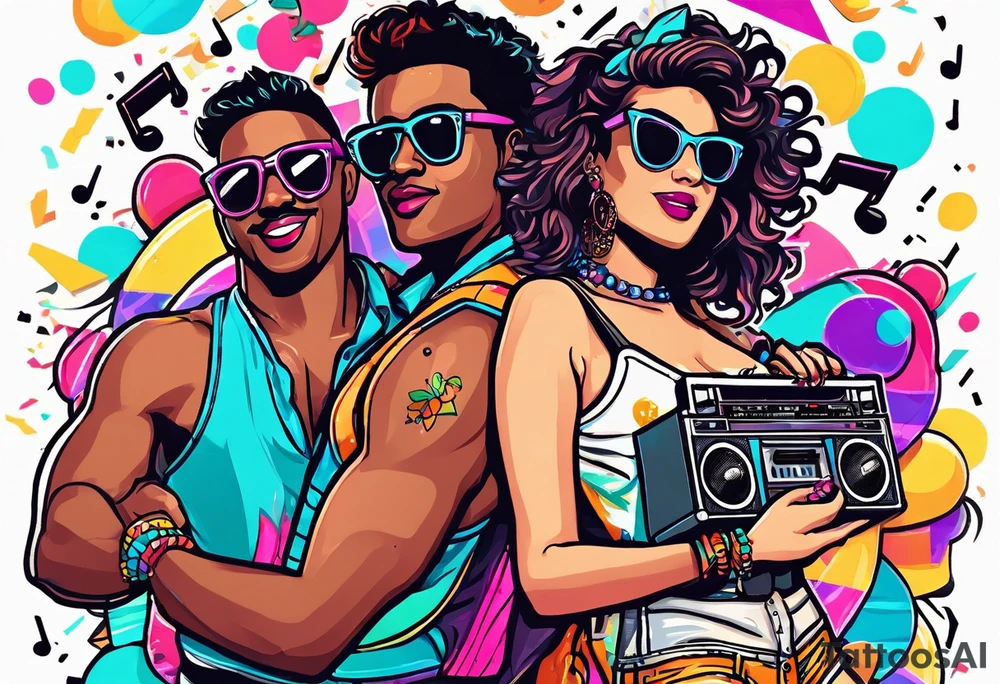 1980's style dance party with boom box and confetti in a beach theme. include people in 80's miami beach clothes, music note. tattoo idea