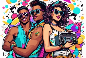 1980's style dance party with boom box and confetti in a beach theme. include people in 80's miami beach clothes, music note. tattoo idea