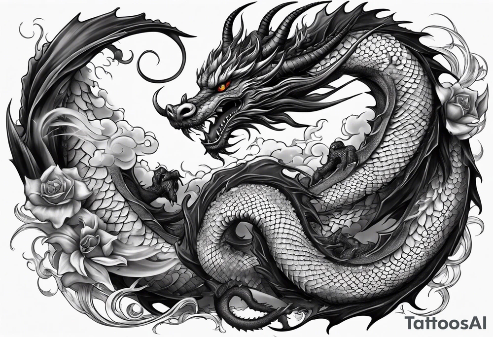 white and black dragon intertwined around the yinyan and with each other tattoo idea