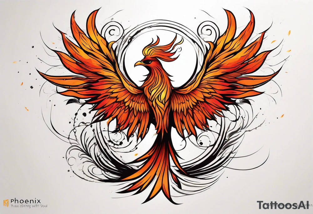 A majestic fire phoenix, rising powerfully with its wings spread wide and feathers flowing, representing rebirth and resilience. The phoenix is detailed with intricate feathers, creating a sense of movement and vitality. The design is bold, with deep shading and texture that adds dimension and intensity to its form. tattoo idea