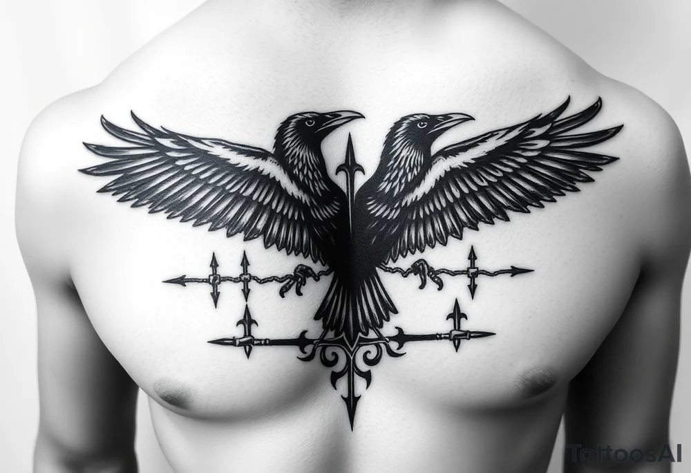 Chest tattoo, two ravens and icelandic symbols, dark brest tattoo tattoo idea