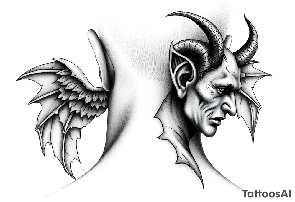 position behind the neck Angel (on the right) whispering in the right ear, demon (on the left) whispering in the left ear. It must be as realistic as possible. tattoo idea