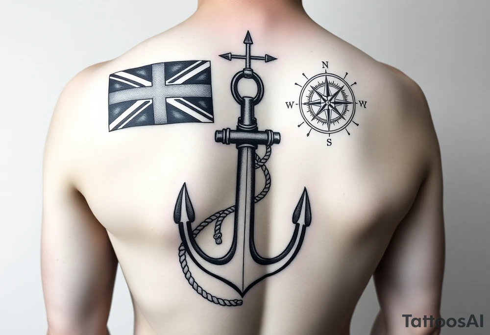 Generate a tattoo template for a single lower leg sleeve featuring a British merchant navy red ensign flag, a plimsoll line, a fouled anchor, nautical ropes and knots, a pilot ladder, a nautical compass with the needle pointing North West, elements of a nautical chart of the East Yorkshire coast, and the southern cross star constellation, Humber bridge, Whitby abbey, contours from around Whitby and coastline, wreck symbols, soundings, 199 steps Whitby tattoo idea