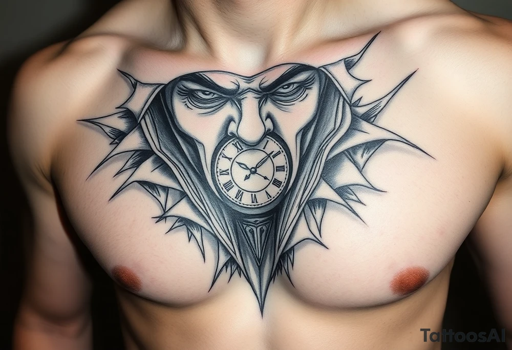 Un rostro masculino dividido en capas como una máscara que se rompe o se desvanece en viento o formas geométricas.

Dentro se ve un reloj o una brújula. tattoo idea