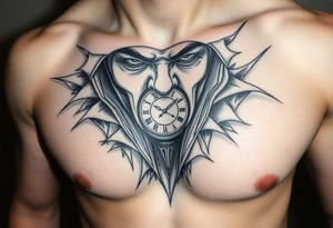 Un rostro masculino dividido en capas como una máscara que se rompe o se desvanece en viento o formas geométricas.

Dentro se ve un reloj o una brújula. tattoo idea