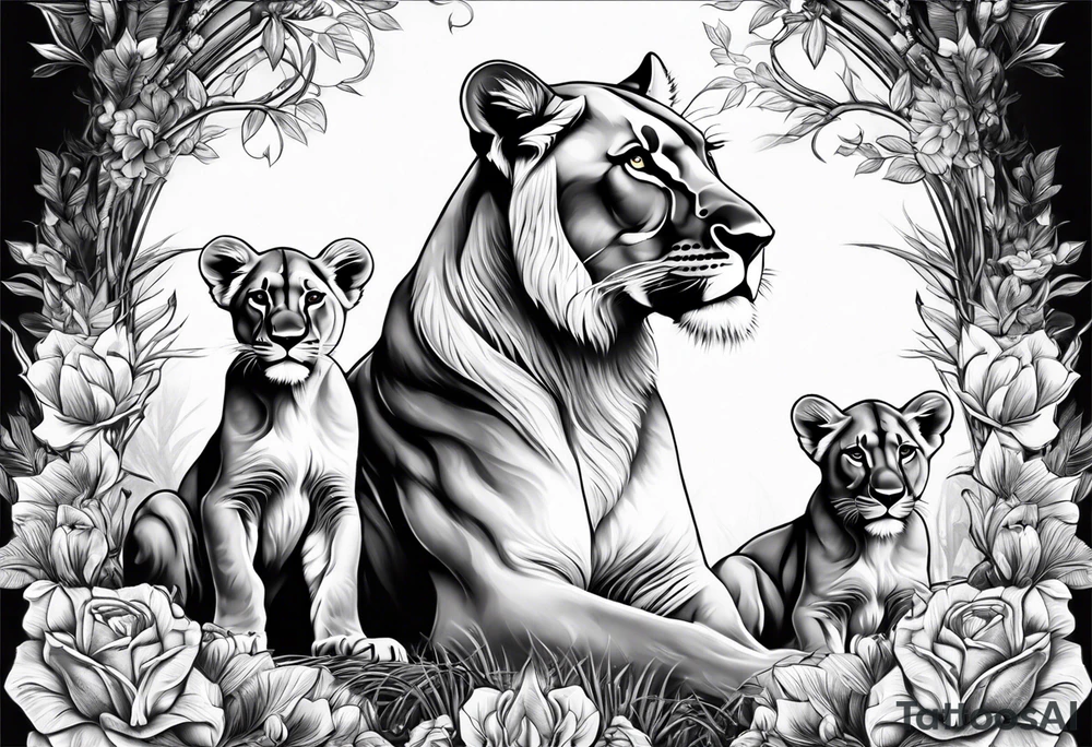 Lioness on her hind legs
protecting her two cubs tattoo idea